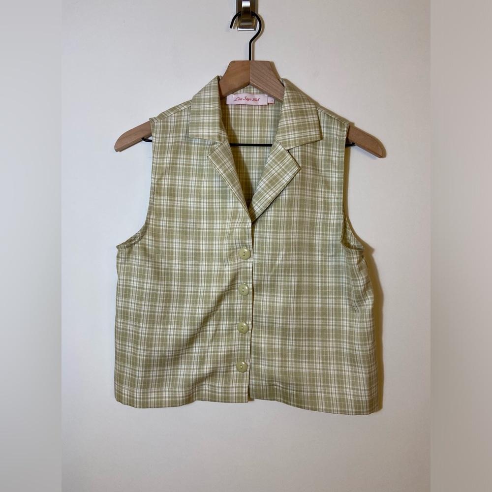 Lisa Says Gah Green White Checked Vest Blouse Top Women’s Size S button shirt